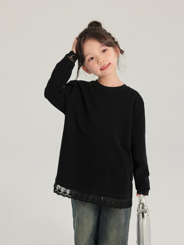 Tシャツ キッズ 子供服 女の子 長袖 レース 花柄 コットン トップス 春秋 普段使い かわいい ガールズ 白 黒2