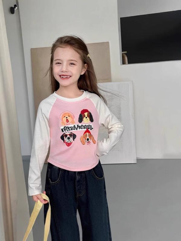 子供服 Tシャツ 女の子 春物 長袖 40Sコットン 柔らかい かわいい カートーン柄 アルファベット柄 トップス ガールズ 普段着 ブルー ピンク系