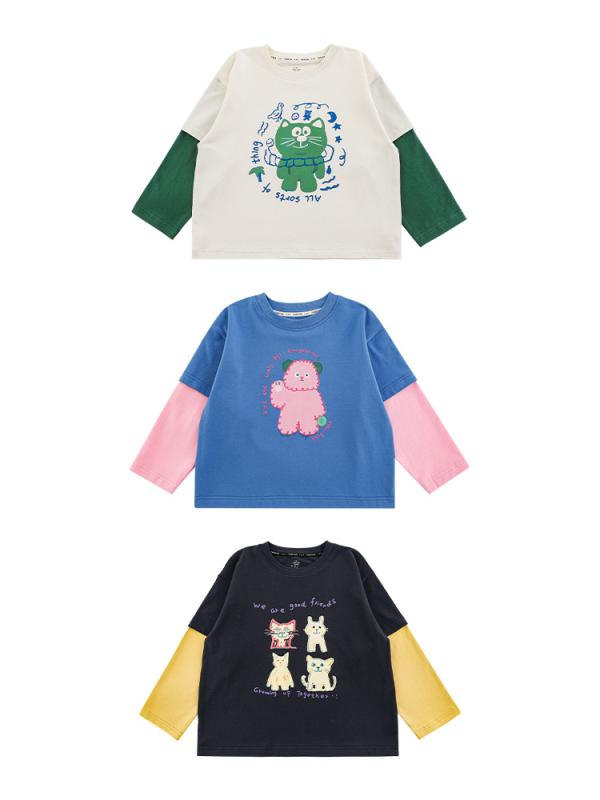 Tシャツ キッズ 男の子 長袖 子供服 トップス 春秋 かわいい カートゥーン 切り替え コットン 幼児 ベビー カジュアル 普段着 ベージュ ブルー ネイビー