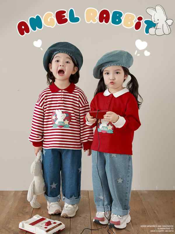 Tシャツ ガールズ 子供服 長袖ポロシャツ かわいい ぬいぐるみ ウサギ プリント 綿 秋 ベビー 幼児 小学生 ピンク系 レッド ホワイト