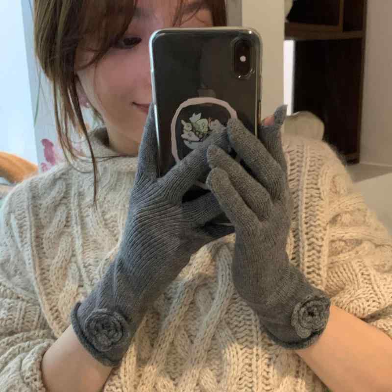 手袋 レディース ニット手袋 ウール混紡 指あり スマートフォン対応 防寒 暖かい かわいい 花柄 刺繍 レッド 赤 米ホワイト イエロー 黄色 グレー 灰色 ブラック 黒 ピンク 湖ブルー 秋冬2