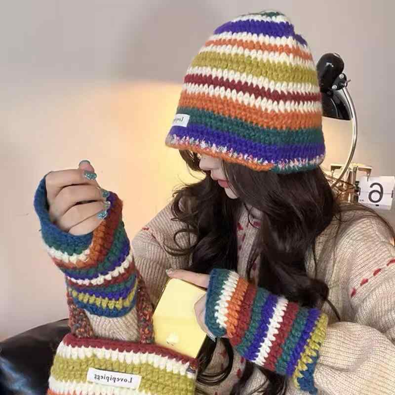 ニット帽 レディース 秋冬 レインボー カラー 手編み風 帽子 手袋 ニット ポシェット かわいい 暖かい 防寒 韓国 ファッション2