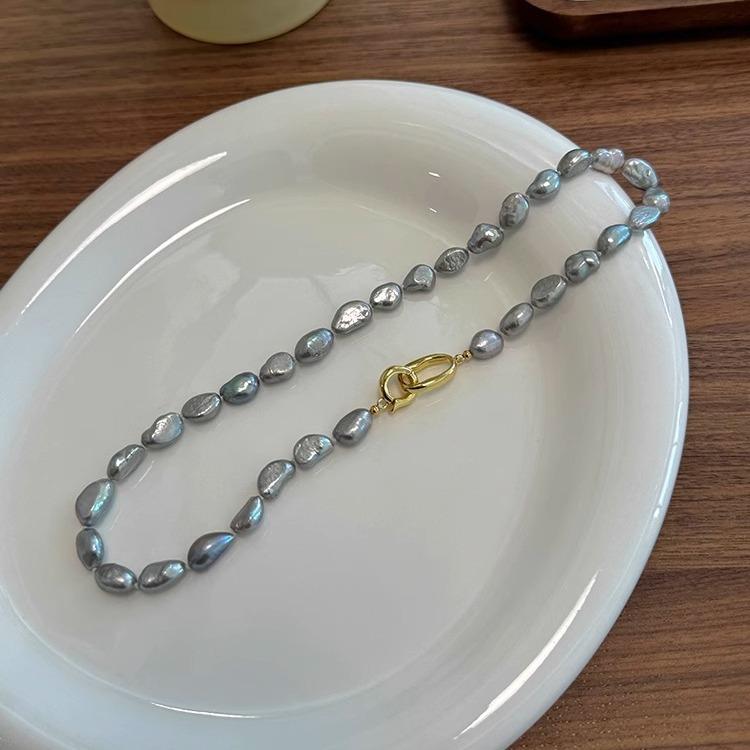 ネックレス レディース バロック調 グレー 淡水パール チョーカー 電気メッキ加工 U字型 幾何学模様 通勤