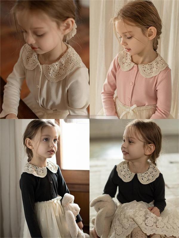 シャツ キッズ 子供服 長袖 クラシカル ローズ レース 襟付き トップス 秋 かわいい リブ 上着 コットン ミルクアプリコット ピンク ダークグレー 80 90 100 110 120 130 140