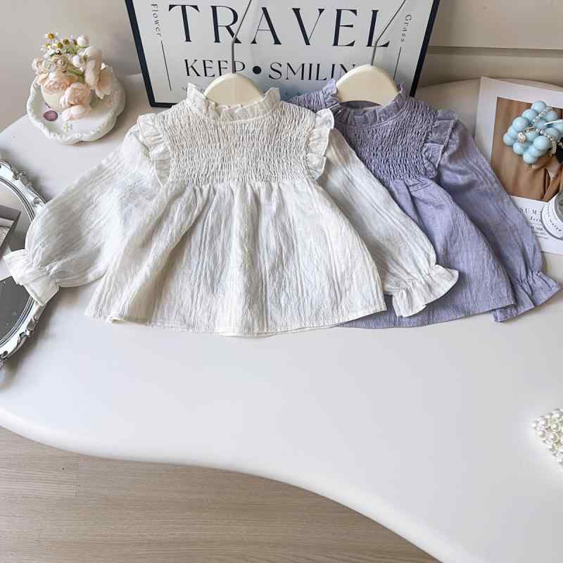 シャツ キッズ 子供服 女の子 ブラウス トップス 長袖 春秋 綿 立襟 無地 かわいい 普段着 90cm 100cm 110cm 120cm 130cm 140cm