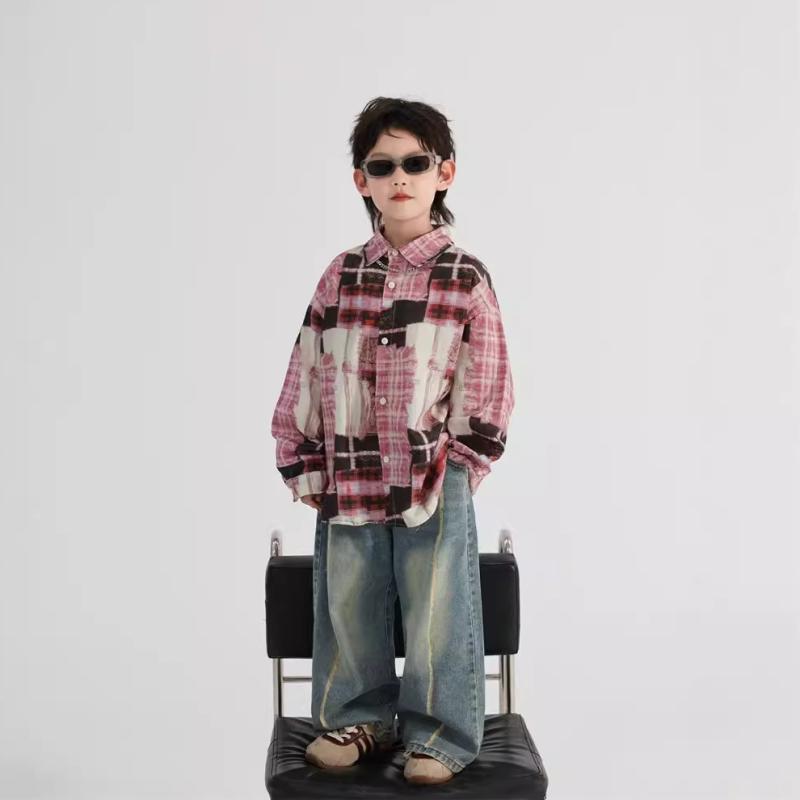 シャツ キッズ 男の子 子供服 長袖 格子柄 コットン 襟付き 韓国風 おしゃれ かわいい 普段着 秋服 ピンク系