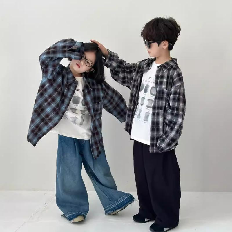 シャツ キッズ 男女兼用 韓国風 チェック柄 ネルシャツ 子供服 カジュアル ゆったり 長袖 トップス 90cm 100cm 110cm 120cm 130cm 140cm 150cm 秋冬 綿 混紡 ブラック系 ブルー系