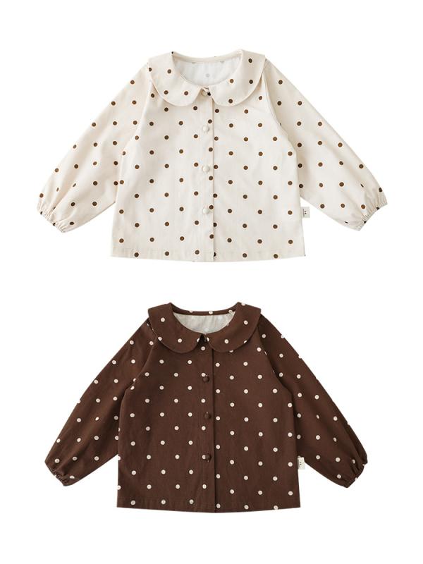 シャツ キッズ 子供服 長袖 春秋 ドット柄 丸襟 かわいい ガーリー トップス 女の子 女児 ベージュ ブラウン 綿100%