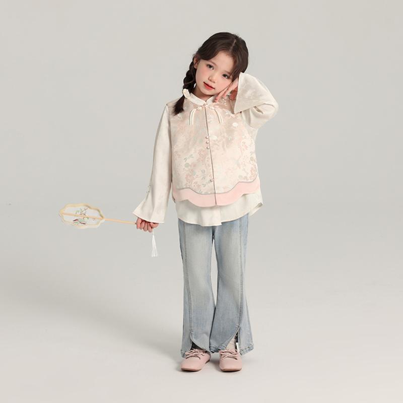 シャツ ガールズ 子供服 新中式 国風 ブラウス ベスト 2点セット 女の子 女児 春秋 立襟 綿 100 95 105 115 125 135 145 155 165 175