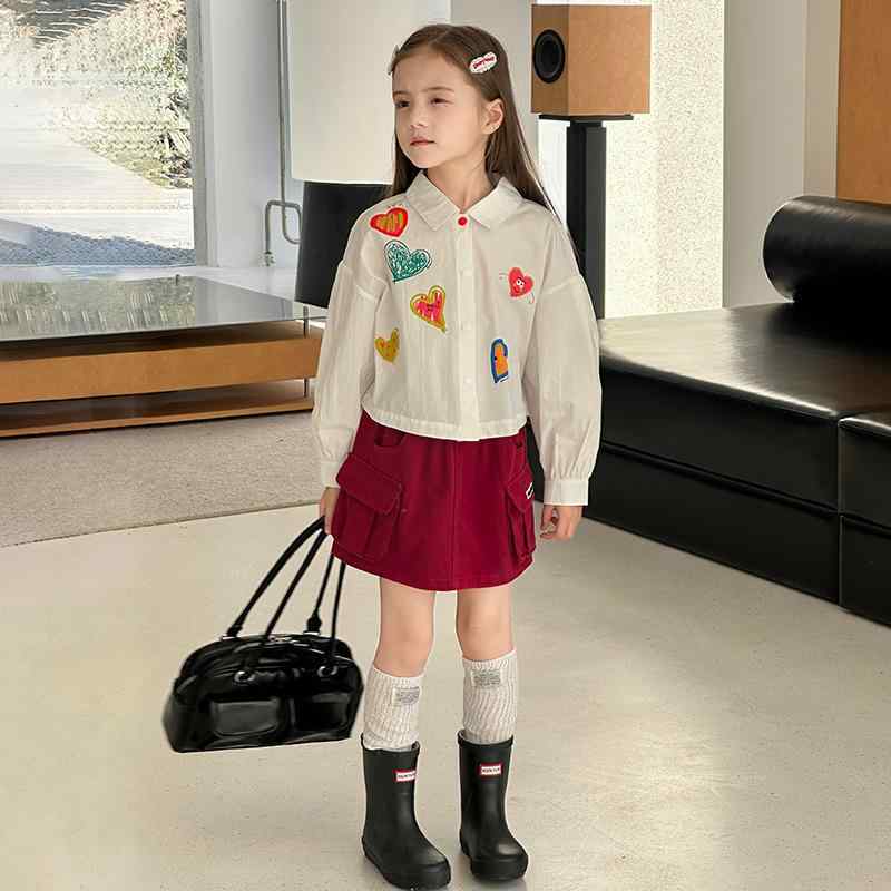 シャツ キッズ 子供服 女の子 向け コットン ハート柄 プリント ドールカラー ブラウス 親子コーデ 春秋 かわいい ガーリー トップス 長袖 幼児 小学生 通園 通学