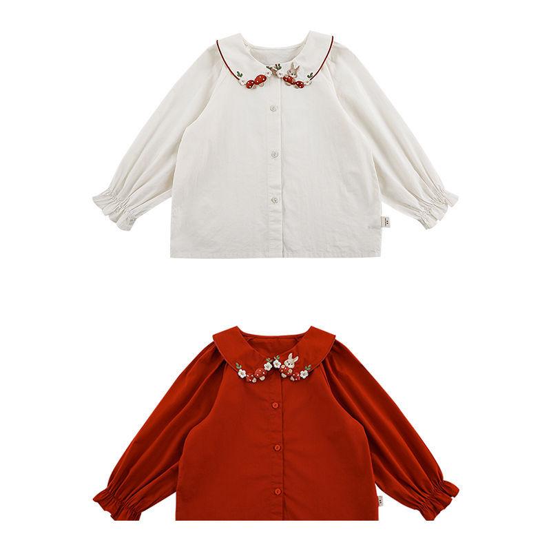 シャツ キッズ 長袖 刺繍 翻襟 コットン100% ベージュ レッド かわいい 女の子 子供服 80 90 100 110 120 130 140 秋