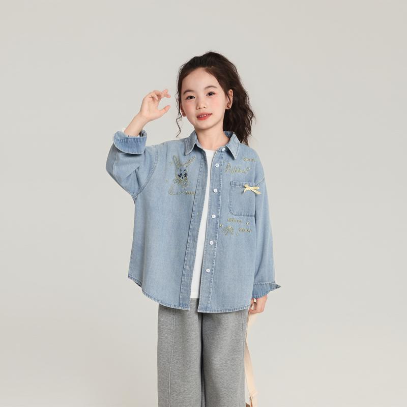 子供服 女の子 デニムシャツ ジャケット 春秋 長袖 刺繍 刺・墸 ゆったり かわいい ガールズ トップス アウター 普段着 おしゃれ ブルー系2