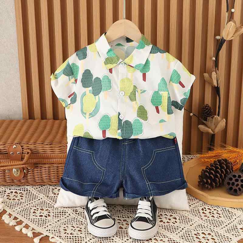キッズ 男の子用 半袖シャツ ショートパンツ 上下セット 綿混 夏服 カジュアル 薄手 リーフ柄 80 90 100 110 120cm