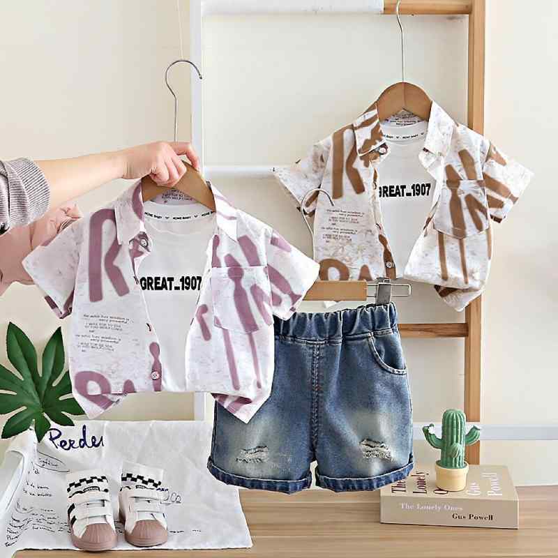 子供服 半袖シャツ ショートパンツ ベスト 3点セット 男の子 幼児 染色 アルファベット柄 綿 薄手 夏 スポーツ カジュアル 普段着