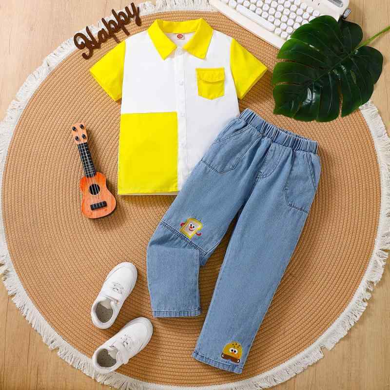 子供服 男の子 半袖シャツ デニムパンツ セットアップ ベビー服 夏 幼児 トップス パンツ 上下セット 2点セット ボーイズ 80 90 100 110 イエロー
