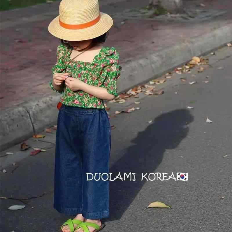 セットアップ キッズ 女の子 子供服 2点セット：花柄シャツ デニムワイドパンツ 韓国風 夏 再生繊維