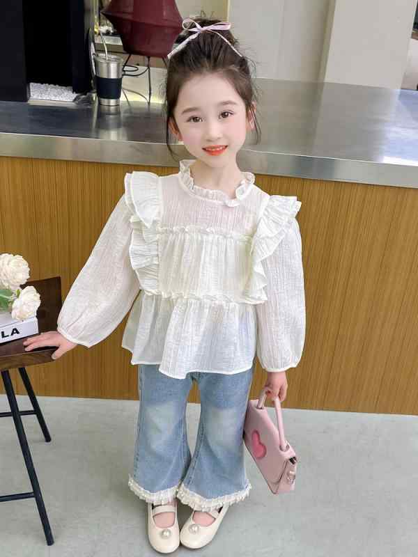 子供用セットアップ 春秋物 花柄ブラウス デニムパンツ 韓国風 かわいい ガールズ 上下セット 長袖 トップス ズボン 2点セット 女の子 女児 キッズ 普段着 おしゃれ着