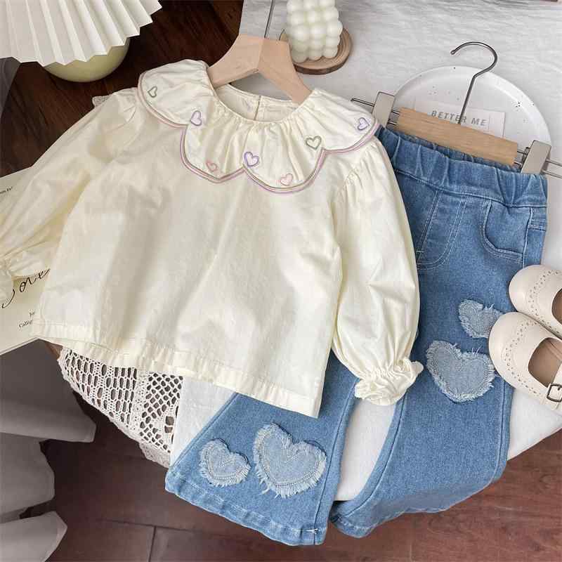 シャツ ガールズ 子供服 長袖 春秋 韓国風 愛心 刺繍 襟付き トップス ブラウス ベージュ ブルー デニム パンツ ニット カーディガン 80 90 100 110 120