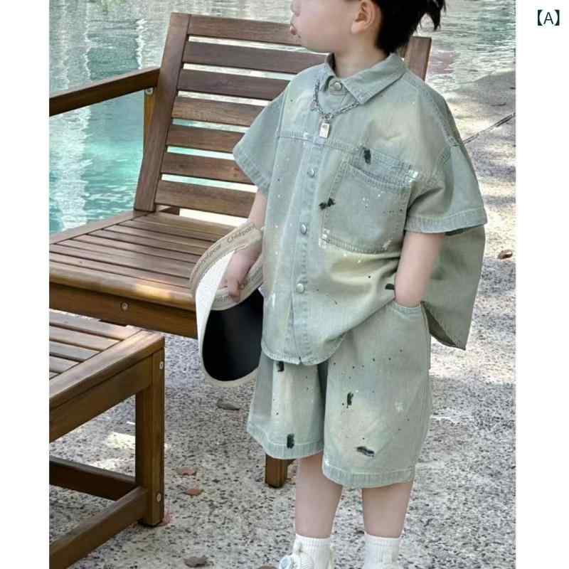 キッズ 男の子用 半袖シャツ デニムパンツ 薄手 2点セット 子供服 夏服 カジュアル 星柄プリント