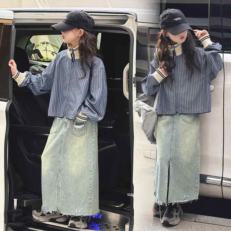 シャツ キッズ 女の子 ストライプ デニムスカート セットアップ 子供服 長袖 春秋 かわいい おしゃれ 普段着 通学着 120cm 130cm 140cm 150cm 160cm 170cm