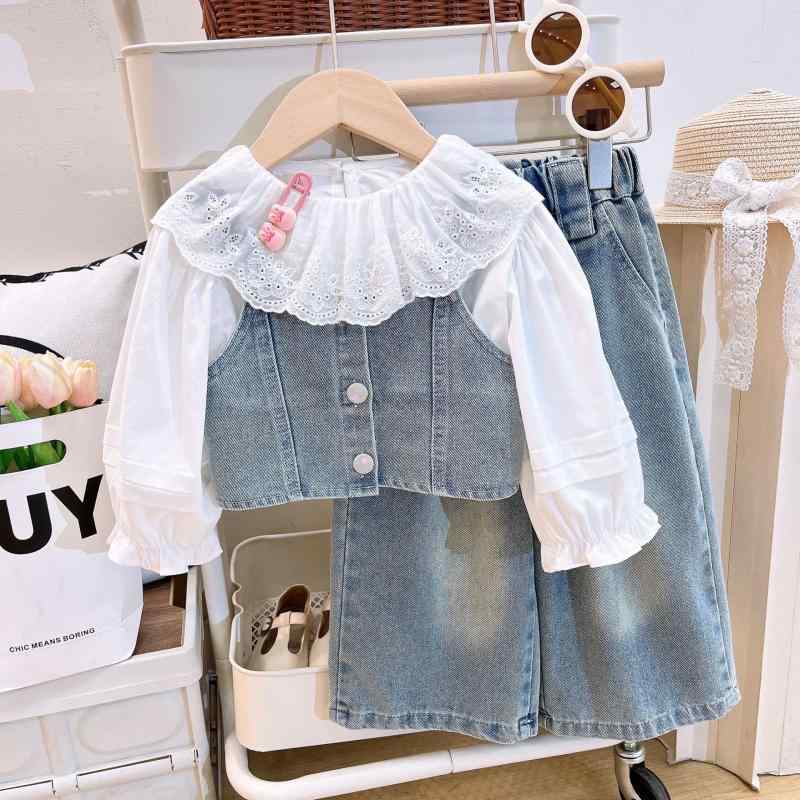 子供服 女の子用 3点セット 春秋 レース襟シャツ デニムベスト パンツ 韓国風 普段使い