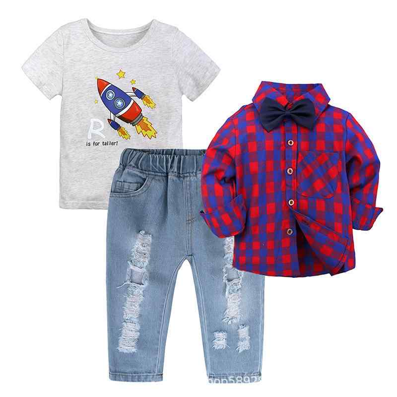 キッズ 男の子 フォーマル スーツ 長袖 チェック シャツ デニム パンツ 3点セット 子供服 発表会 結婚式 卒園式 入学式 ボーイズ 幼児 園児 春秋