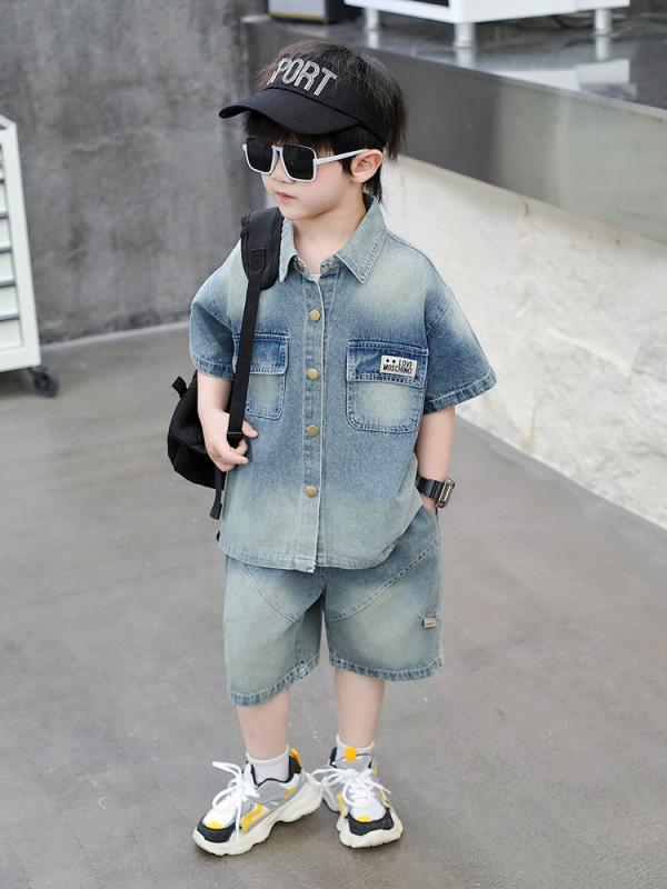 キッズ 男の子 夏物 セットアップ 半袖デニムシャツ 短パン 上下セット 薄手 通園 普段着