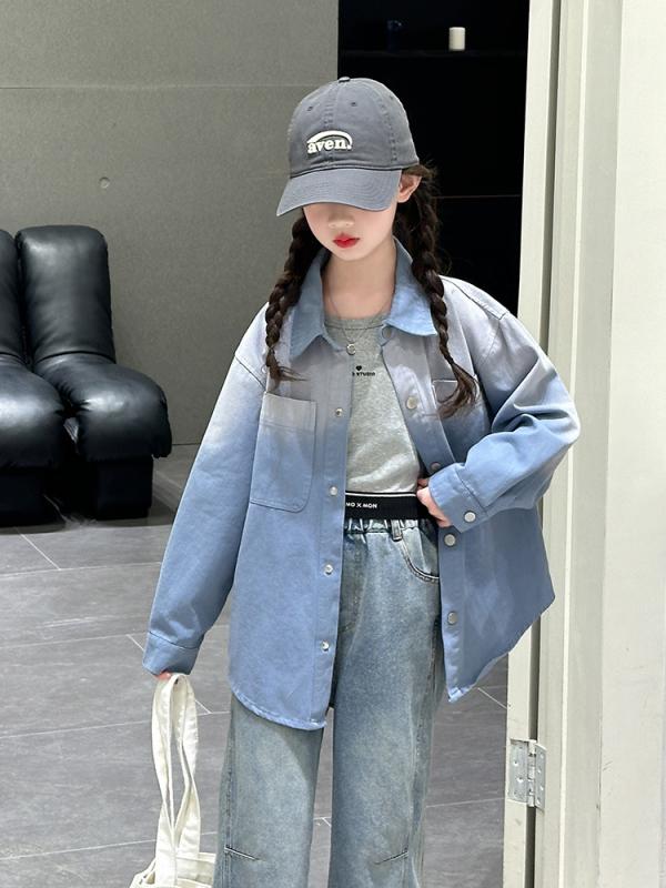 シャツ ガールズ グラデーション デニム 子供用 長袖 アウター トップス 春秋 綿 120cm 130cm 140cm 150cm 160cm 170cm