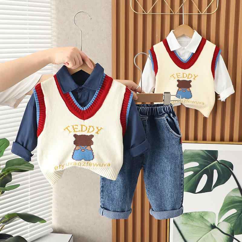 キッズ ベビー服 3点セット ニットベスト 長袖シャツ デニムパンツ 春秋 かわいい コットン 深藍色 白 80cm 90cm 100cm 110cm 120cm