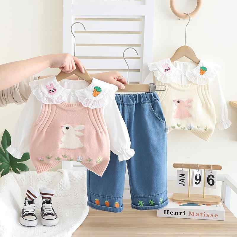 子供服 ニットベスト&ブラウス&長ズボン 3点セット 女児 ベビー服 春秋 幼児 かわいい カジュアル 綿混 セットアップ 80 90 100cm
