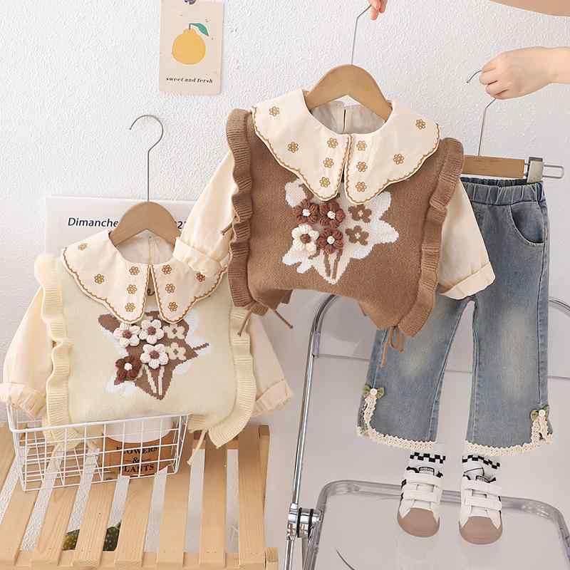 子供服 女の子 ニットベスト セットアップ 春秋物 長袖 ブラウス デニムパンツ 3点セット 花柄 かわいい ガールズ ベージュ ブラウン 80 90 100 110 120