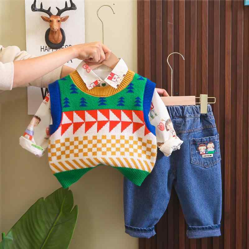 キッズ 男の子 シャツ 長袖 3点セット デニムパンツ ベスト付き 春秋 ベビー 幼児 子供服 コットン