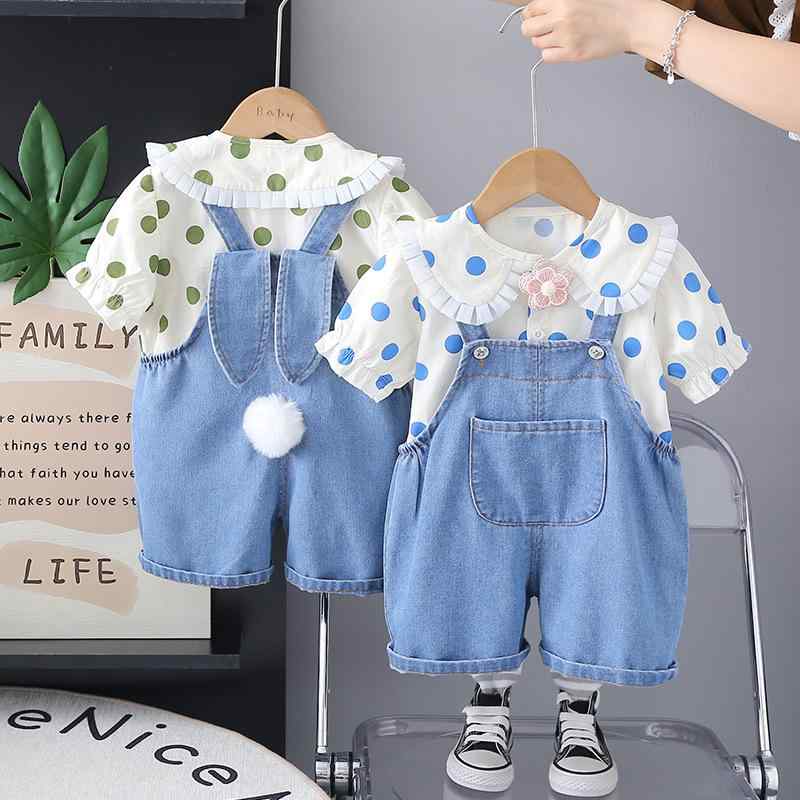 子供服 女の子 夏物 デニム サロペット セットアップ 半袖 ブラウス 2点セット 薄手 かわいい ドット柄 再生繊維 通園 普段着 80 90 100 110 120