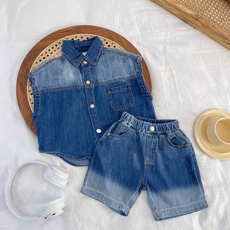 キッズ ノースリーブ グラデーション デニム シャツ 男の子 セットアップ 2点セット 子供服 カジュアル 春夏 薄手
