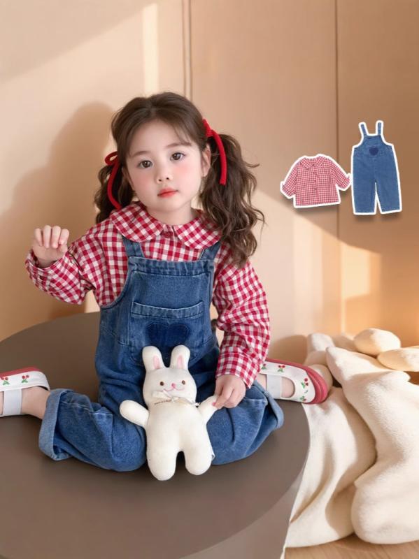 キッズ 女の子 セットアップ 春秋 格子柄 シャツ デニムパンツ 2点セット 80 90 100 110 120 130 140cm 長袖 かわいい 幼児 普段着