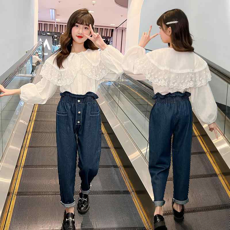 子供服 シャツ & デニムパンツ 2点セット ガールズ 秋物 長袖 無地 カジュアル 普段使い 韓国風 B類 中大童 コットン