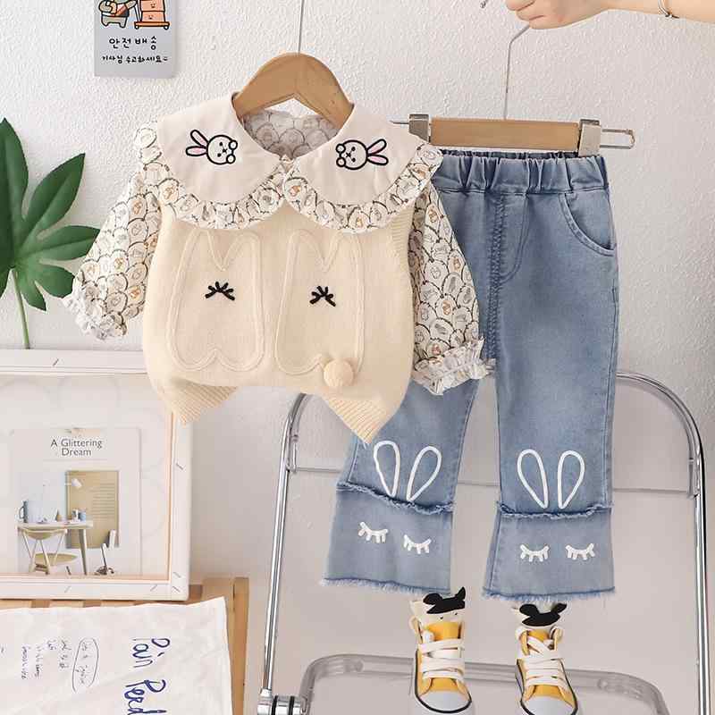 子供服 女の子 ニット/セーター & 長袖シャツ & デニムパンツ 3点セット かわいい ウサギ柄 春秋 普段使い