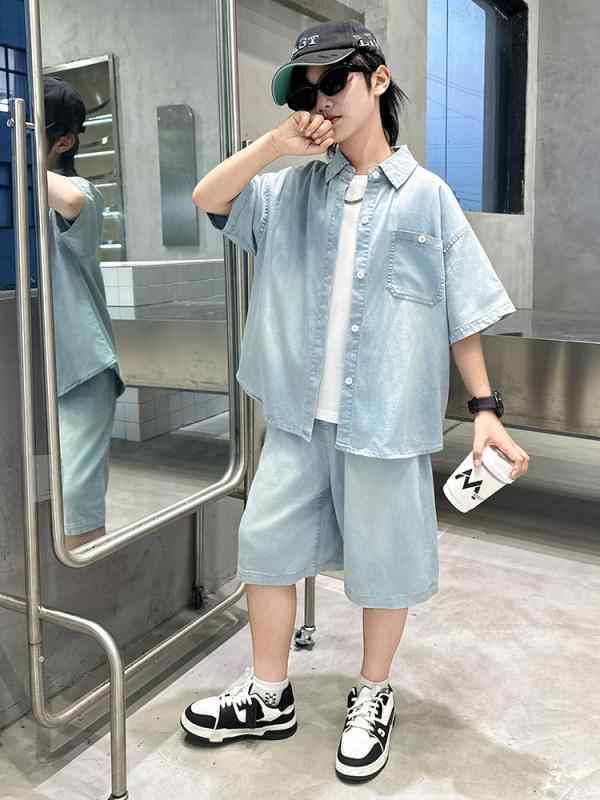 子供服 男の子 夏物 デニム 半袖シャツ ハーフパンツ 2点セット 薄手 中学生 高学年 小学生 カジュアル