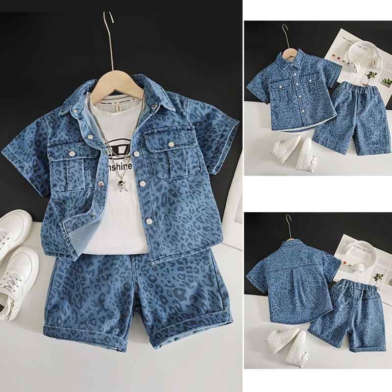 キッズ 男の子用 セットアップ 半袖デニムシャツ 短パン 上下2点セット 薄手 ヒョウ柄 夏 普段着