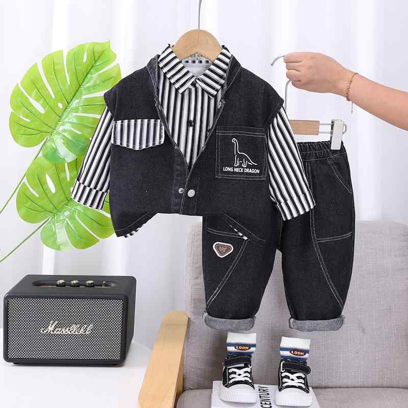 ベビー服 男の子 秋物 3点セット デニムベスト コットンシャツ 上下セット 恐竜柄 幼児 赤ちゃん ボーイズ 80 90 100 110 120