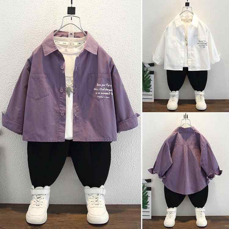 シャツ キッズ 男の子 長袖 コットン 春秋 トップス 子供服 カジュアル ポケット付き プリント 紫色 ホワイト 90 100 110 120 130 140 150
