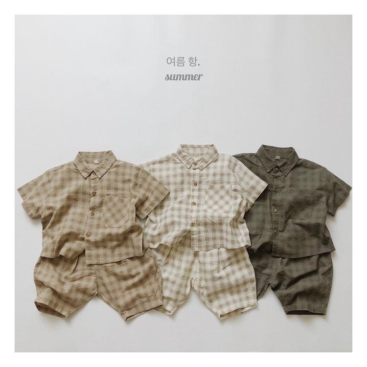 シャツ キッズ 子供用 麻 格子柄 半袖 薄手 カジュアル 韓国風 カキ色 カーキ色 軍緑色 80cm 90cm 100cm 110cm 120cm 130cm