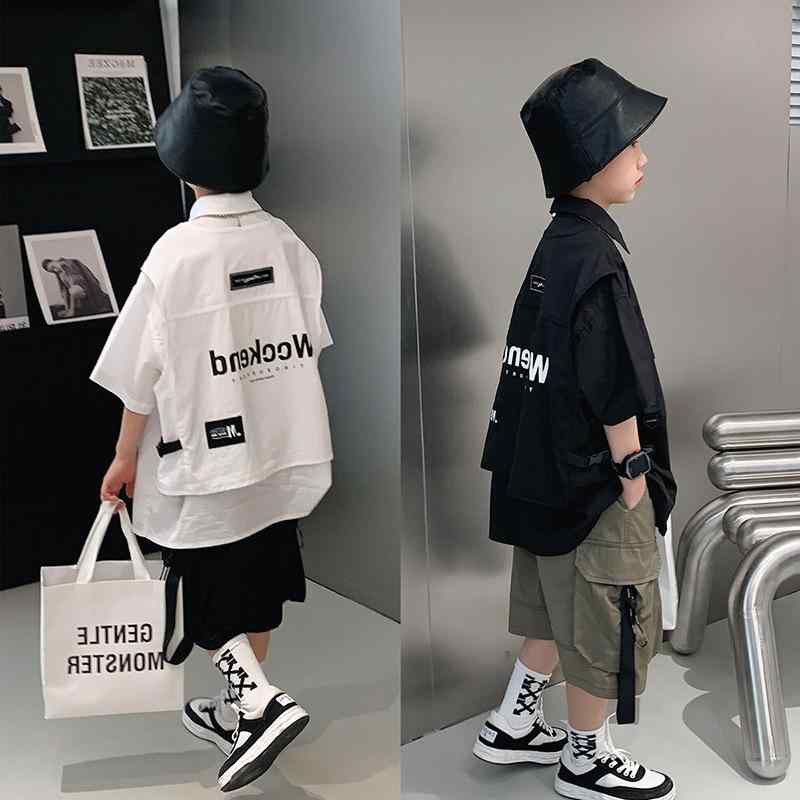 シャツ キッズ 男の子 半袖 襟付き 子供服 トップス ポリエステエル 黒 白 110 120 130 140 150 カジュアル