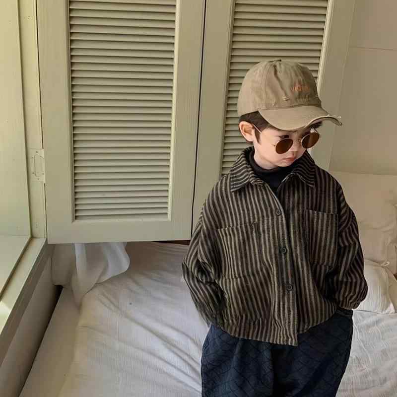 シャツ キッズ 男の子 ストライプ 長袖 春秋 トップス 子供服 レトロ カジュアル アウター カーキ ブラック ポリエステル