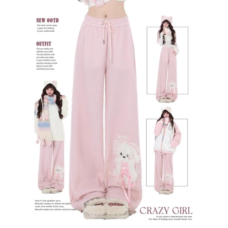 パンツ レディース ピンク系 少女風 かわいい ぬいぐるみ ゆったり ストレート ワイドレッグ カジュアル 秋冬｜ブリルビ