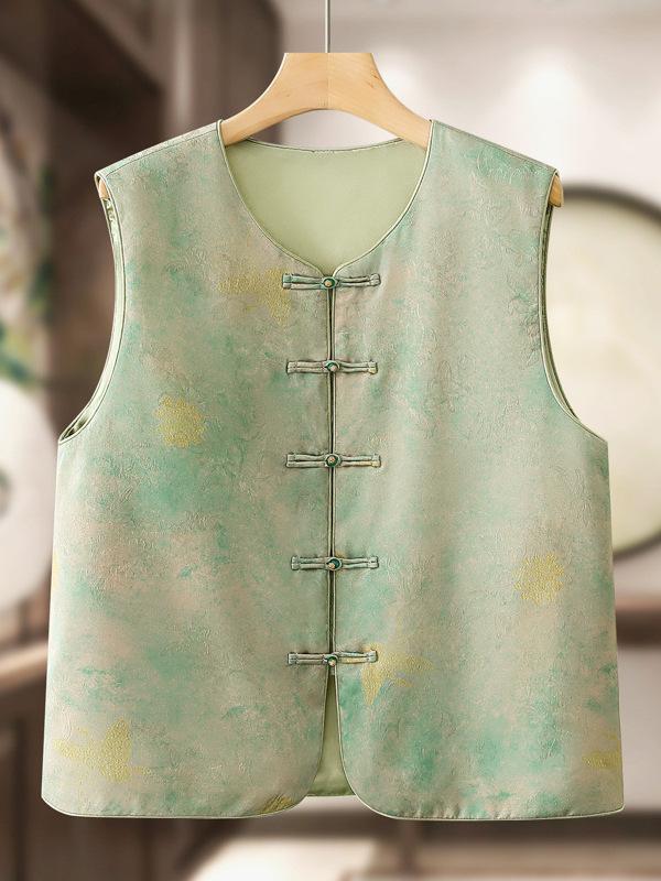 ベスト レディース ママ 服 新中式 チャイナ風 プリント Ｖネック 着痩せ スタイル アップ 体型カバー おしゃれ 普段使い お出かけ グリーン イエロー ピンク系