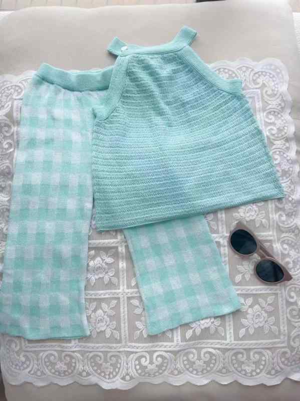 子供服 セットアップ 女の子 夏 タンクトップ ブルー系 7分丈パンツ ニット Tシャツ 上下セット 幼稚園 保育園 通園 通学 綿100%