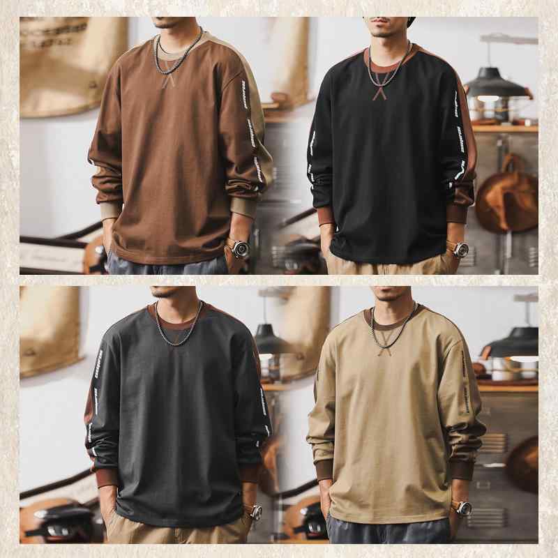 Tシャツ メンズ 男性用 アメリカンレトロ 配色切り替え 長袖 カットソー 綿 ゆったり 秋物 普段使い カジュアル スタイル