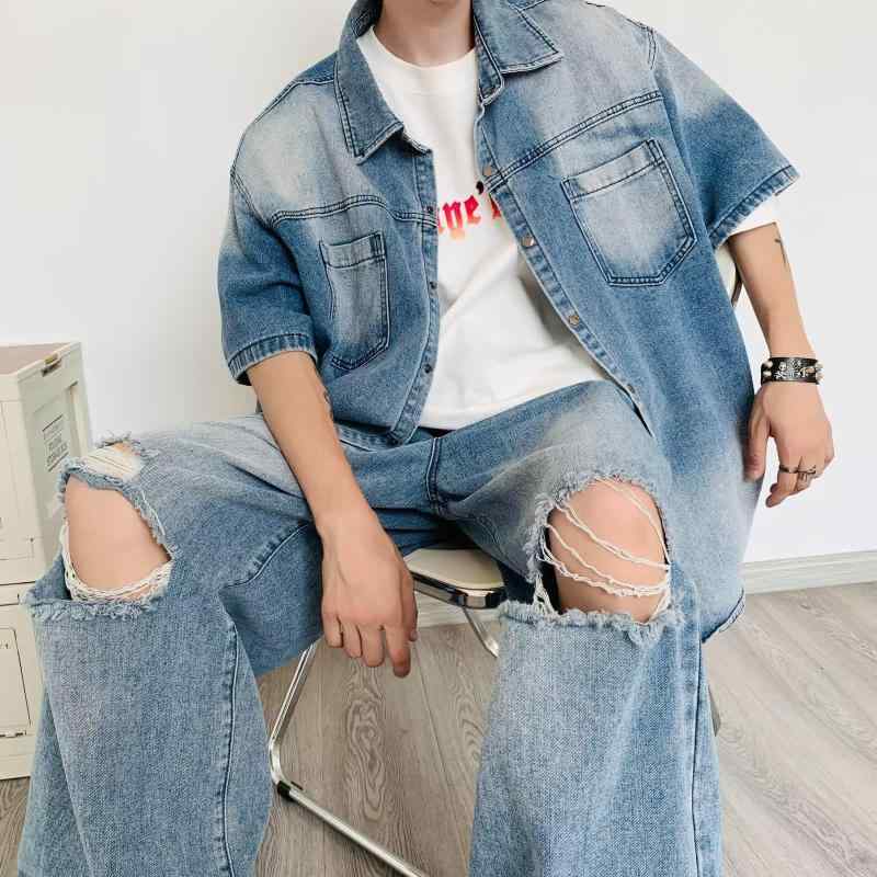 セットアップ メンズ 男性用 半袖シャツ デニムパンツ ジーパン 上下セット 港風 レトロ ダメージ加工 綿 運動着 普段使い 春夏 ブルー