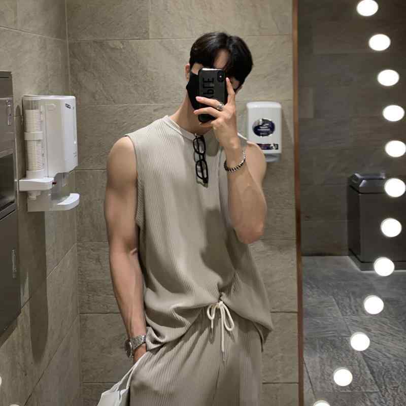 セットアップ メンズ 男性用 ノースリーブ Tシャツ & 長ズボン 上下セット 部屋着 ルームウェア 普段使い スポーツウェア 春 スポーティー 薄手